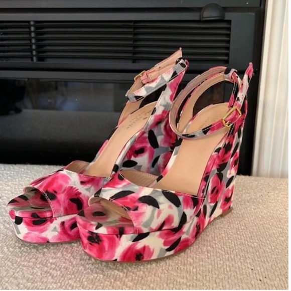 kate spade dellie garden rose print wedge sandal heels deep pink rose floral 6 - Picture 4 of 6